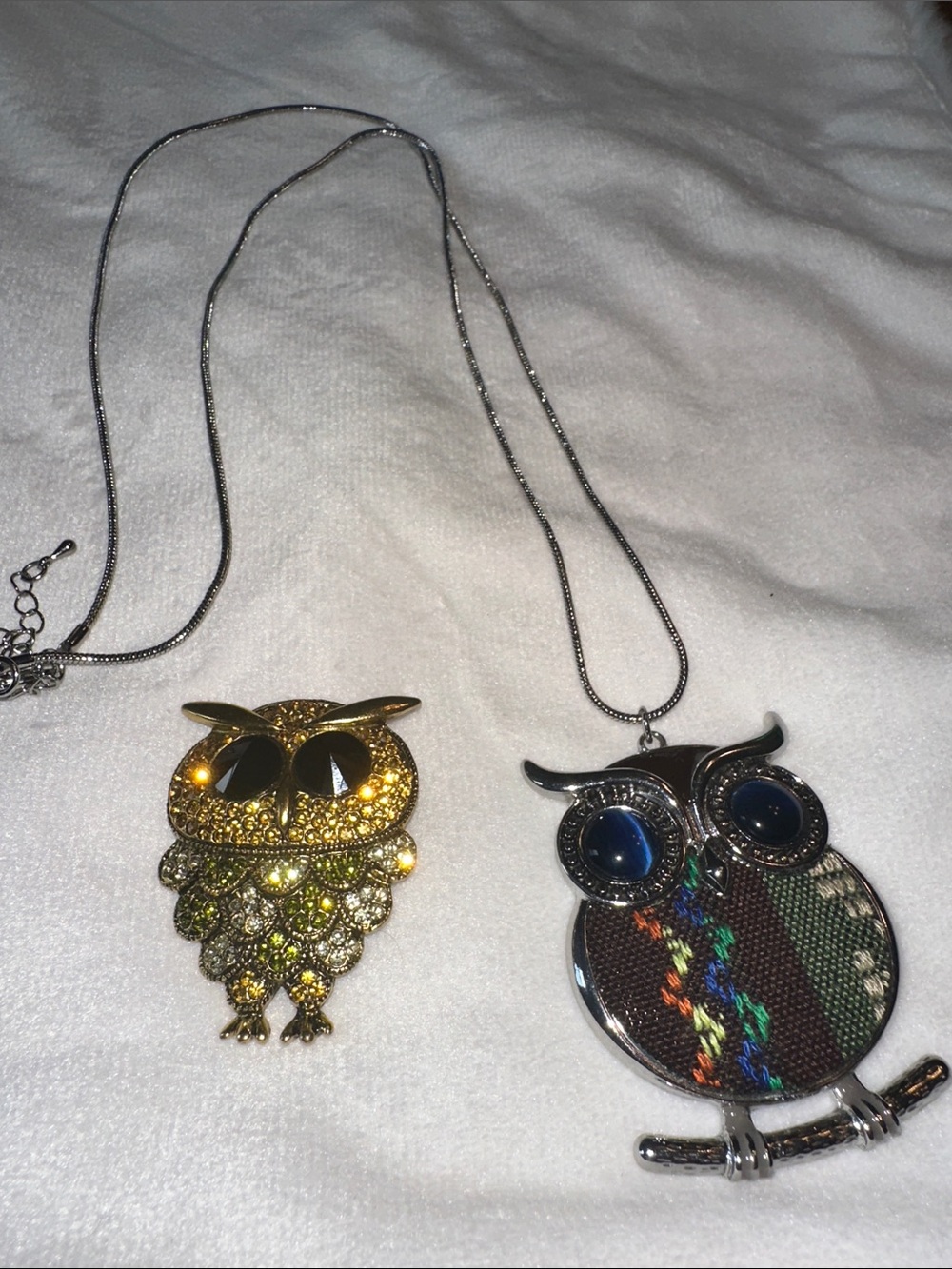 Silver Owl Pendant Necklace with Blue and Multicolor Accents